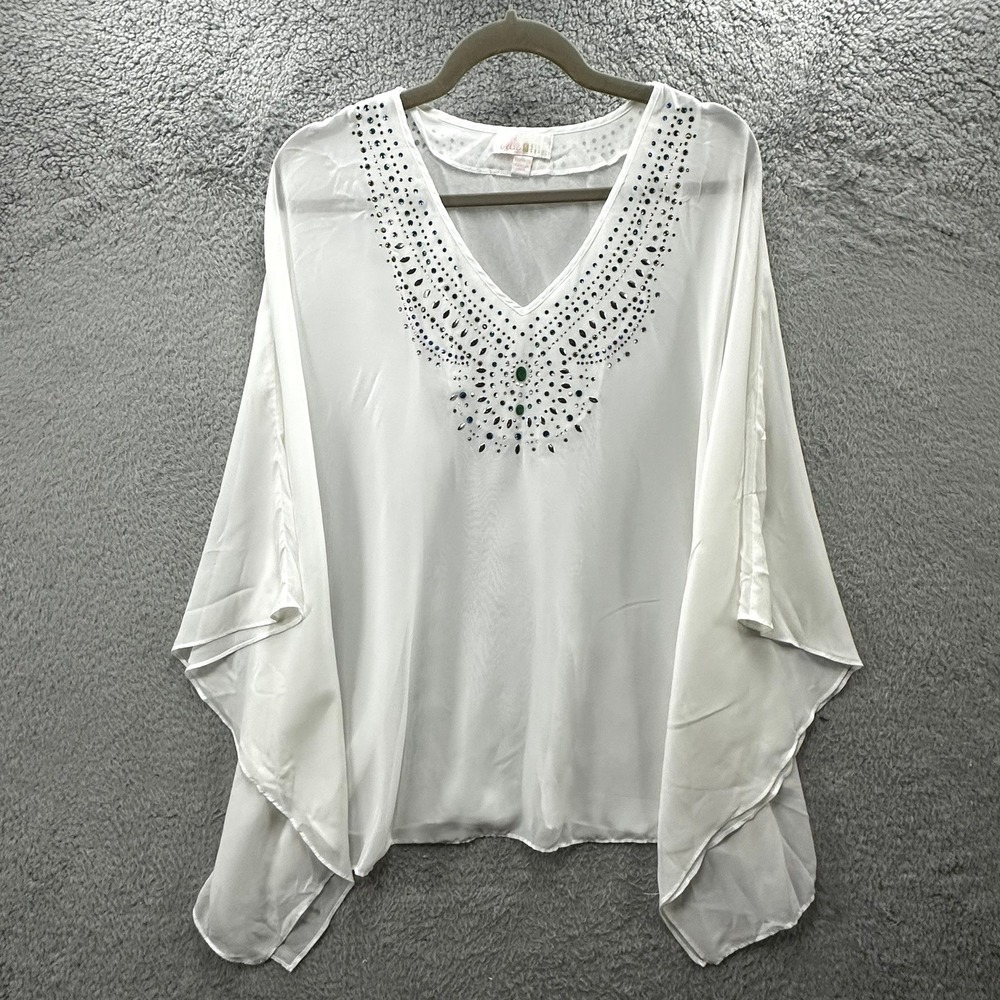 Belle by Kim Gravel XL White Embellished Kaftan Top Beaded V-Neck Sheer Blouse